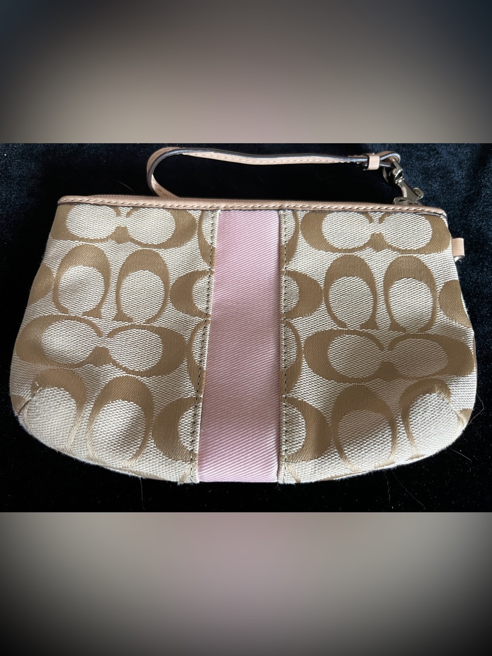 Vintage SIGNATURE STRIPE TOP HANDLE TOTE COACH KHAKI/SHELL PINK w/Wristlet - Picture 4 of 12